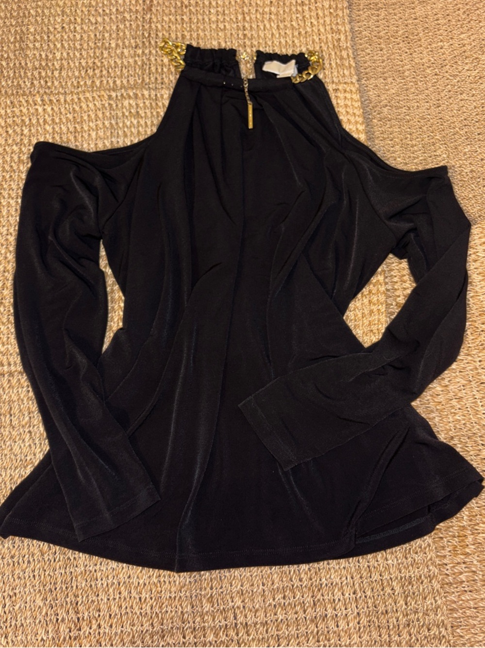 Michael Kors Black Cold Shoulder Top with Gold Chain Neck Detail